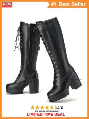 SeiteHuud Women's Knee High Combat Boots Lace Up Platform Gothic Boots
